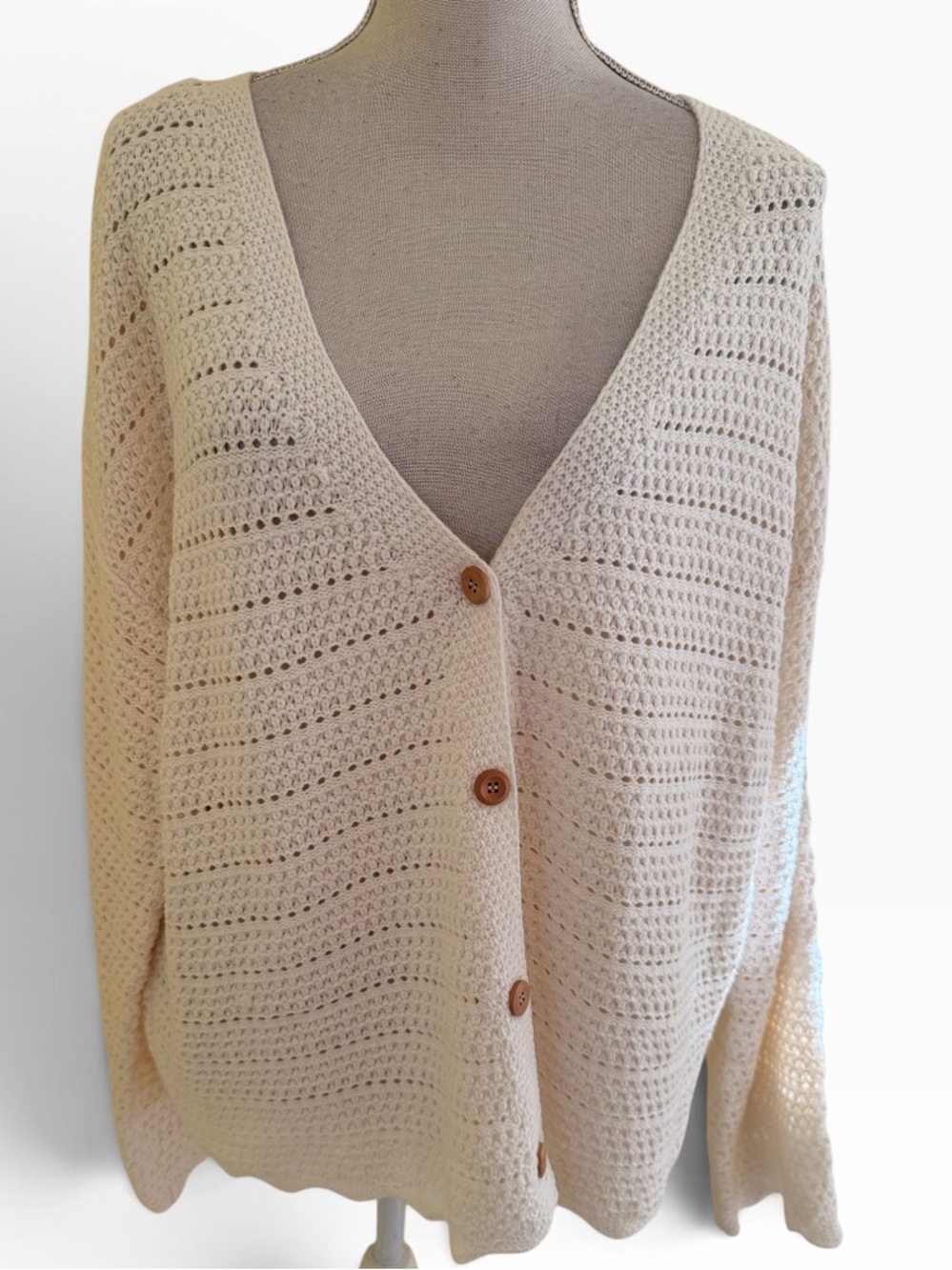 Gypsy Cloud  Cream Open-Knit Button-Front Cardigan Sweater 1X